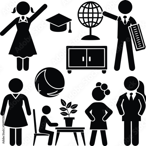 School education icons set features school and education icons alongside silhouettes of school children, a vector illustration with people pictograms as black symbols