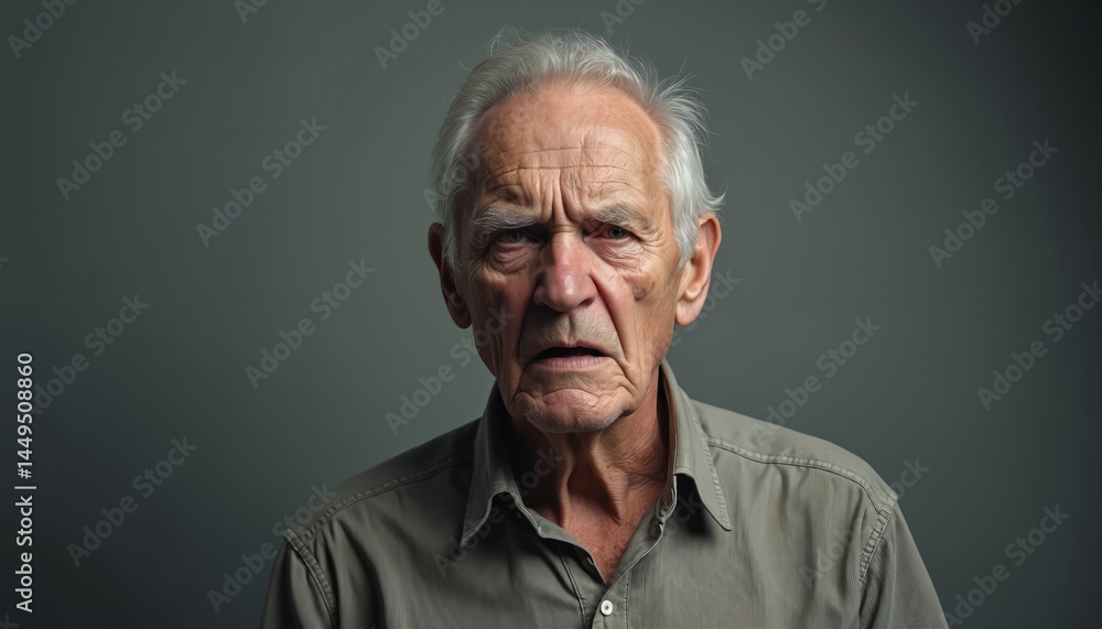 Close-up portrait of elderly man with intense expression. Glares lips tightly pursed, nostrils flaring, conveying disgust. Facial details, textures, wrinkles add to emotional realism, capturing age, Close-up portrait of elderly man with intense expression. Glares lips tightly pursed, nostrils flaring, conveying disgust. Facial details, textures, wrinkles add to emotional realism, capturing age,