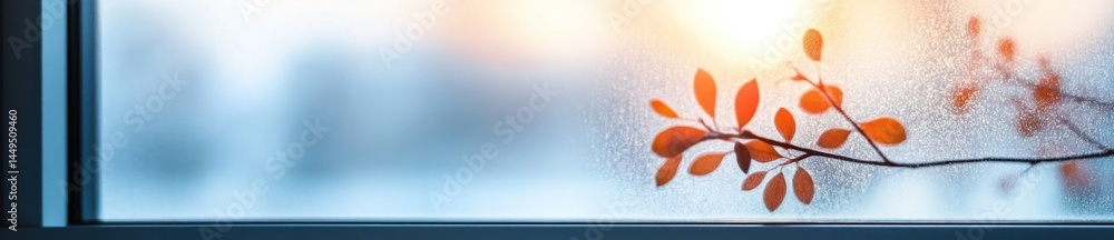 Obraz premium Autumn leaves on window, sunset view, blurred background, calm scene