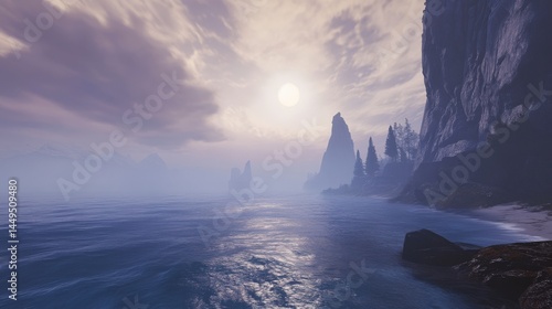 Misty Coastal Landscape: A Serene Mountain View