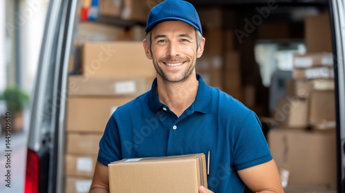 Smiling delivery man holding cardboard box, loading packages into van, urban background, professional image for package delivery service