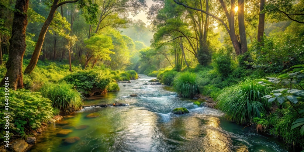 Obraz premium Stream flowing through dense foliage, landscape, water, landscape,water, peaceful, vegetation, serenity, forest