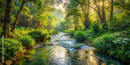 Stream flowing through dense foliage, landscape, water,  landscape,water, peaceful, vegetation, serenity, forest