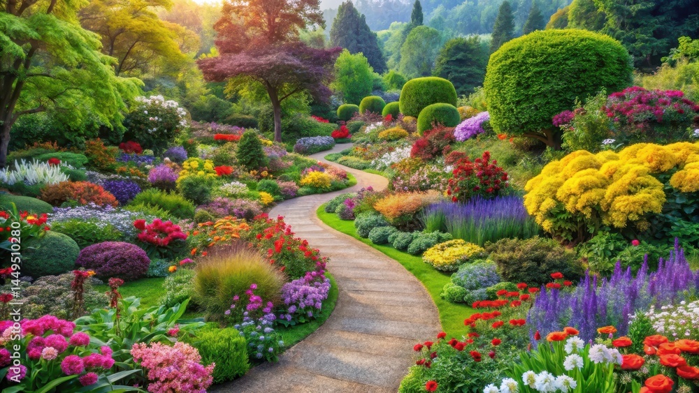 Fototapeta premium Vibrant blooming garden with a variety of colorful flowers, lush greenery and winding pathways leading to a serene atmosphere , gardens, gardens at night