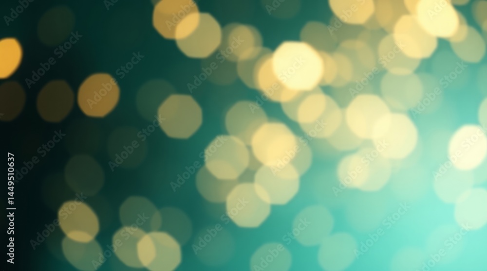 Obraz premium Ethereal Illumination: An artistic representation of bokeh effect, featuring blurred, circular light patterns dancing against a teal and deep green backdrop, creating a magical atmosphere.