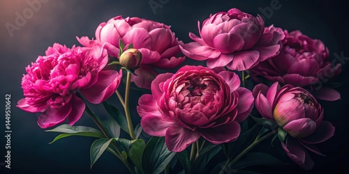 Fototapeta Naklejka Na Ścianę i Meble -  Deeply textured peonies in vibrant pink hues against a dramatic dark background with subtle hints of shadow and dimensionality , photography, dark background