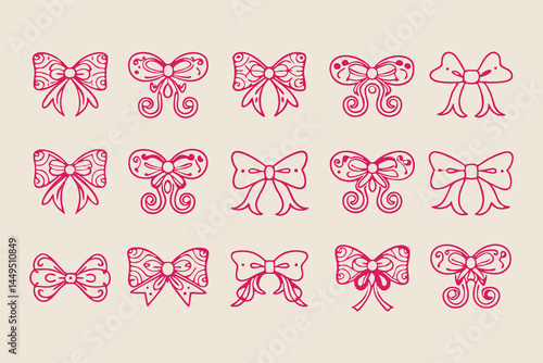 Set of 16 cute pink hand-drawn bow illustrations in various ribbon styles, perfect for decorations, invitations, scrapbooking, packaging, cards, and graphic design