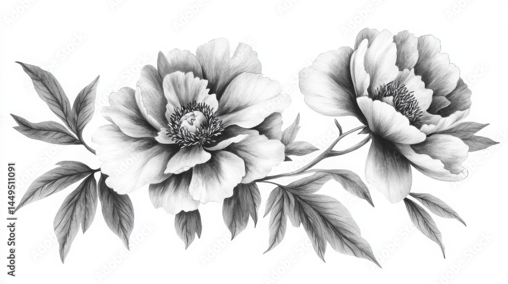 Fototapeta premium Black and white drawing of a peony, ink on paper