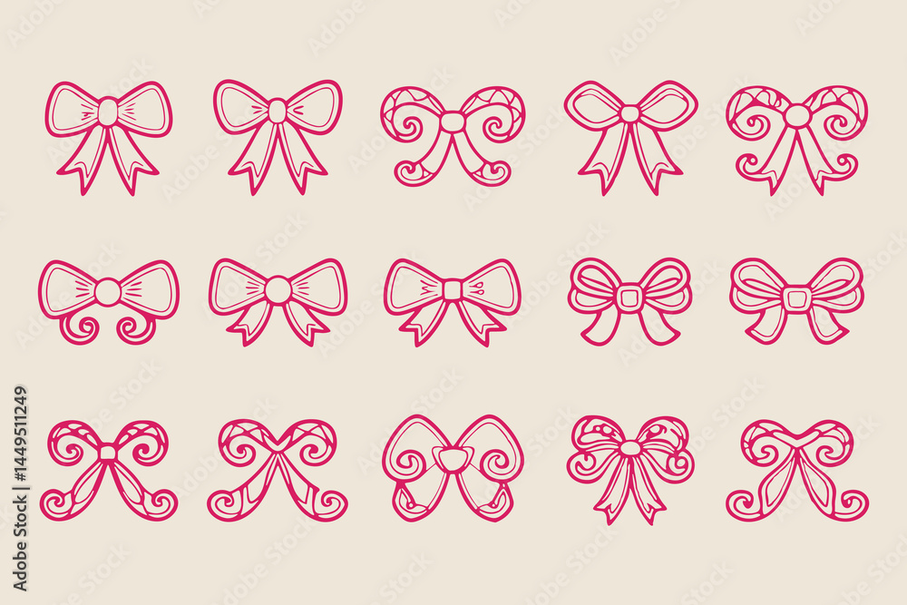 Set of 16 cute pink hand-drawn bow illustrations in various ribbon styles, perfect for decorations, invitations, scrapbooking, packaging, cards, and graphic design Set of 16 cute pink hand-drawn bow illustrations in various ribbon styles, perfect for decorations, invitations, scrapbooking, packaging, cards, and graphic design