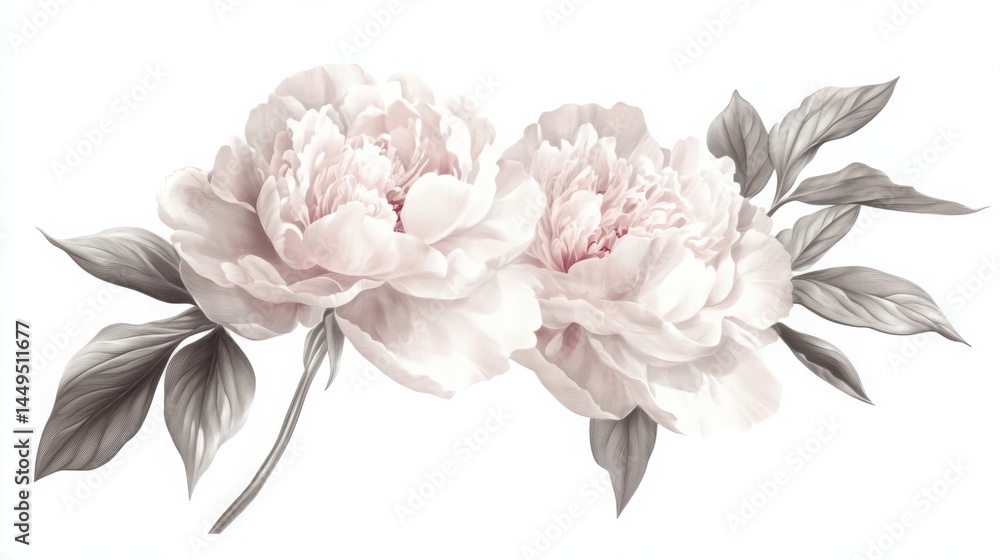 Black and white drawing of a peony, ink on paper Black and white drawing of a peony, ink on paper