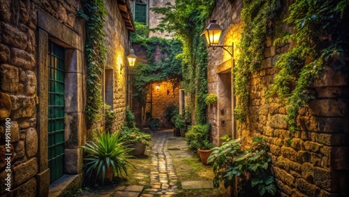 Narrow dimly lit alleyway with ancient stone walls and overgrown vegetation leading to a hidden courtyard, alleyway