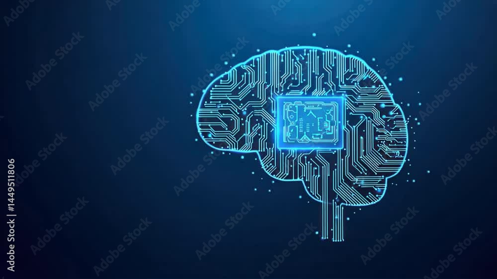 AI brain filled with circuit lines glows on blue backdrop, showing Neuromorphic Computing using digital brain and neuromorphic chip layout