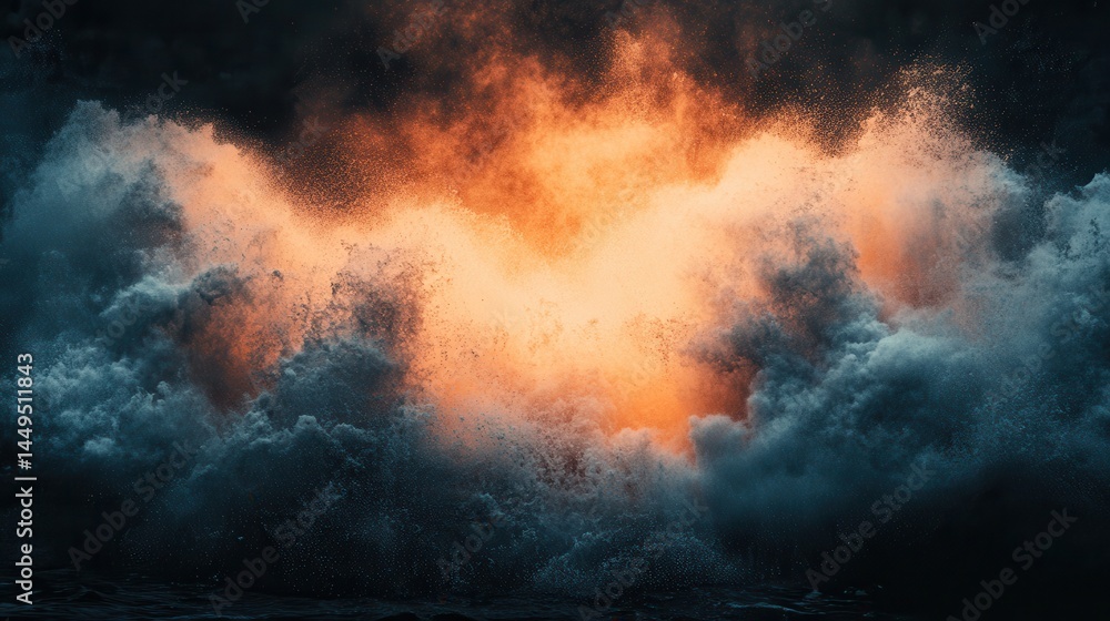 Powerful waves crashing, dramatic fiery light Powerful waves crashing, dramatic fiery light