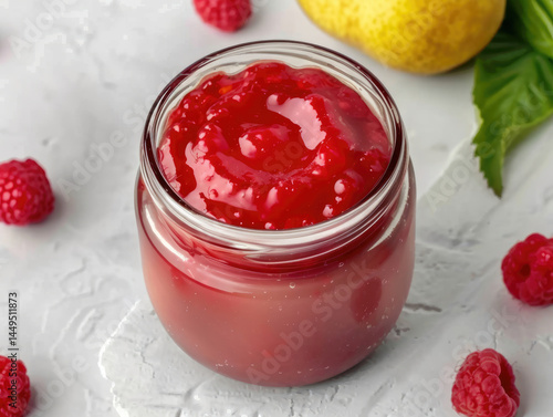 Delicious raspberry pear jam in a glass jar