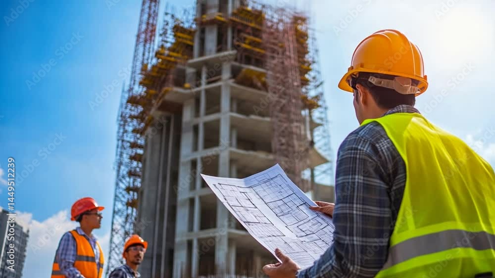 Engineering Team Planning Construction Work with Blueprints and Safety Gear in Modern Building Site Engineering Team Planning Construction Work with Blueprints and Safety Gear in Modern Building Site