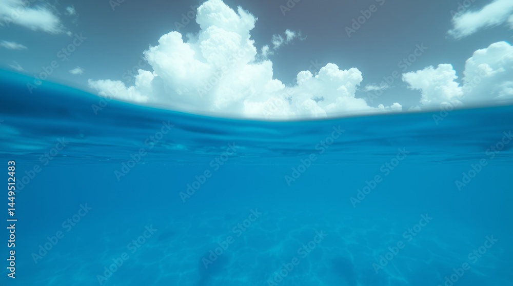 Fototapeta premium Ocean's Horizon: Capturing the tranquil meeting point of the ocean and sky, with a unique split perspective beneath the waves.