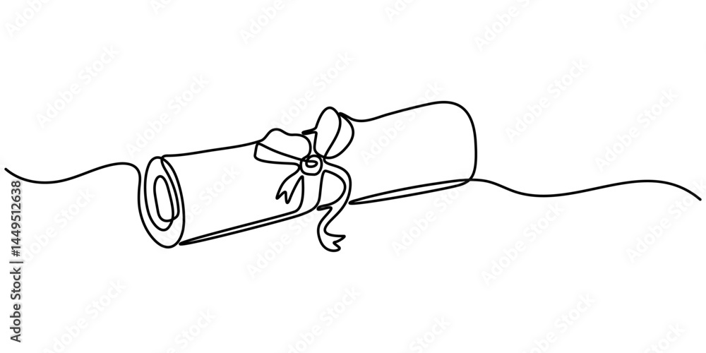 Obraz premium Continuous single line drawn, certificate or diploma with award badge . Single line drawn badge academic scroll paper,. Vector illustration. diploma scroll graduation continuous one line drawing. 