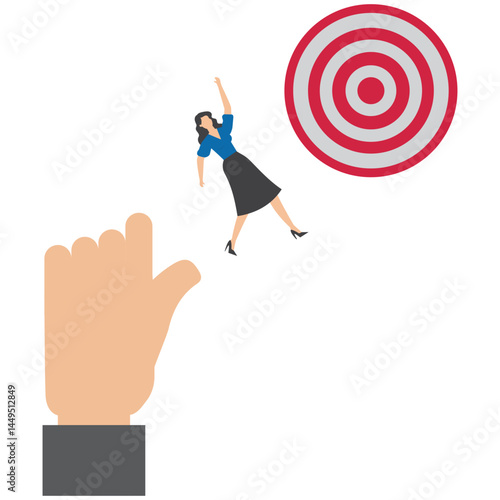 Businesswoman jump from giant hand to progress toward target symbolizing business mentorship