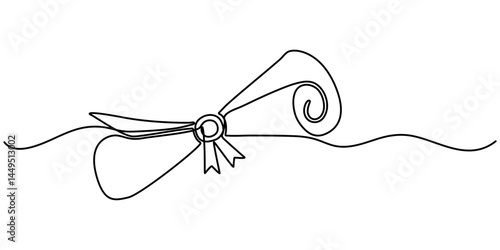 Continuous single line drawn, certificate or diploma with award badge . Single line drawn badge academic scroll paper,. Vector illustration. diploma scroll graduation continuous one line drawing. 