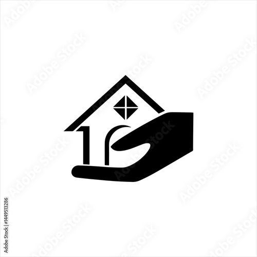 Minimalist style vector logo featuring a hand symbol holding a house with a window in the middle, depicting the concept of protection, security and property care.