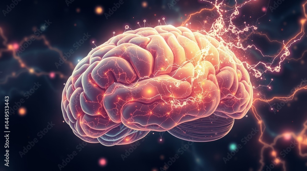 Obraz premium Brain's Brilliant Burst: A vivid visualization of the human brain, emitting glowing energy, showcasing the intricate network of neural pathways and the power of the mind.