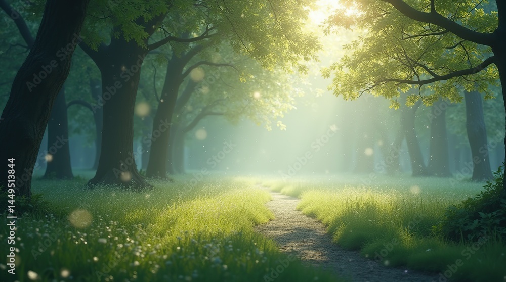 Fototapeta premium Serene Sunlit Forest Path with Glowing Particles and Gentle Light