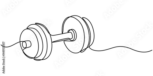 Continuous one line drawing of Dumbbell - Barbell gym equipment, Drawing of dumbbell in continuous single line style. Sport equipment in linear style. Outline symbol for design of poster, banner.     