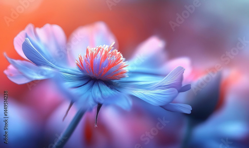 This picture shows a colorful flower with vibrant petals under soft light, with a blurred background adding a dreamy effect. photo