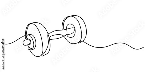 Continuous one line drawing of Dumbbell - Barbell gym equipment, Drawing of dumbbell in continuous single line style. Sport equipment in linear style. Outline symbol for design of poster, banner.     