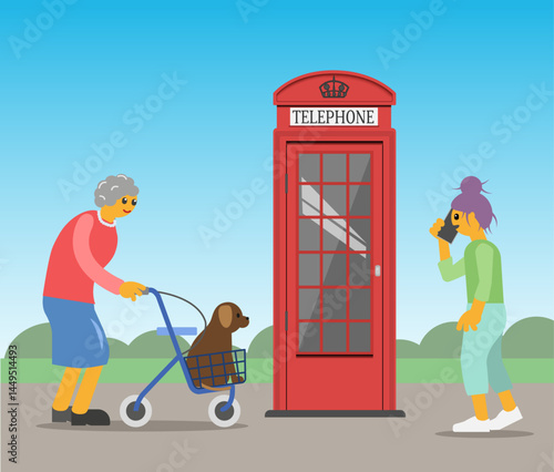 Mobile phone and a landline connection. Old and young generation.