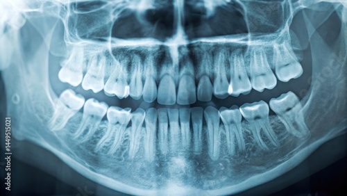 Dental panoramic x ray examining teeth roots and jawbone anatomy for diagnosis