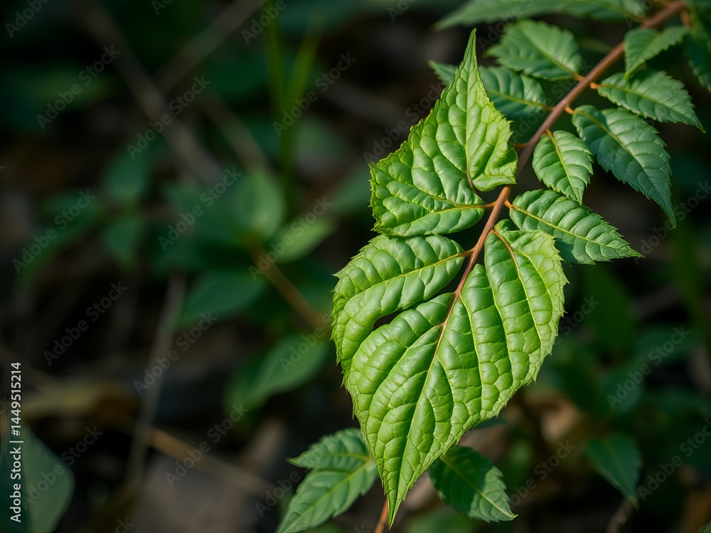 an image of a close up of a leaf on a plant, there is a green leaf that is growing on a branch an image of a close up of a leaf on a plant, there is a green leaf that is growing on a branch