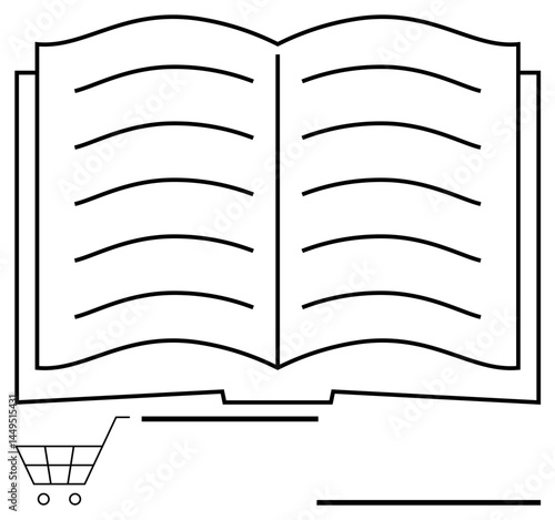 Open book with visible pages and a shopping cart symbol at the bottom. Ideal for education, e-commerce, online courses, digital books, reading platforms, publishing, and a simple landing page