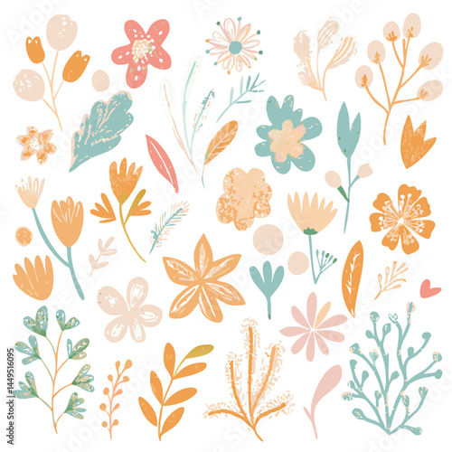 "Create a colorful floral pattern featuring a variety of flowers and leaves in shades of pink, yellow, blue, orange, and green. The design should have a whimsical, hand-drawn style with a textured, cr