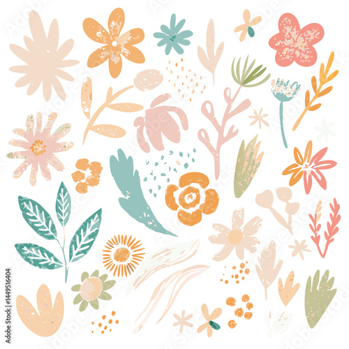Wallpaper Mural "Create a colorful floral pattern featuring a variety of flowers and leaves in shades of pink, yellow, blue, orange, and green. The design should have a whimsical, hand-drawn style with a textured, cr Torontodigital.ca