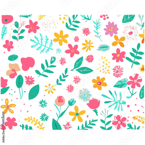 Wallpaper Mural "Create a colorful floral pattern featuring a variety of flowers and leaves in shades of pink, yellow, blue, orange, and green. The design should have a whimsical, hand-drawn style with a textured, cr Torontodigital.ca