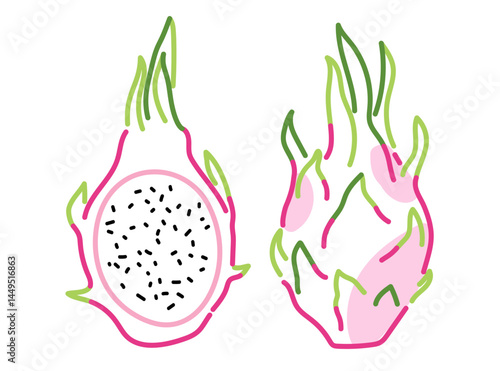 Whole and sliced dragon fruit isolated on white background. Simple flat cartoon illustration of pitaya. Tropical fruit and exotic food concept for design and print