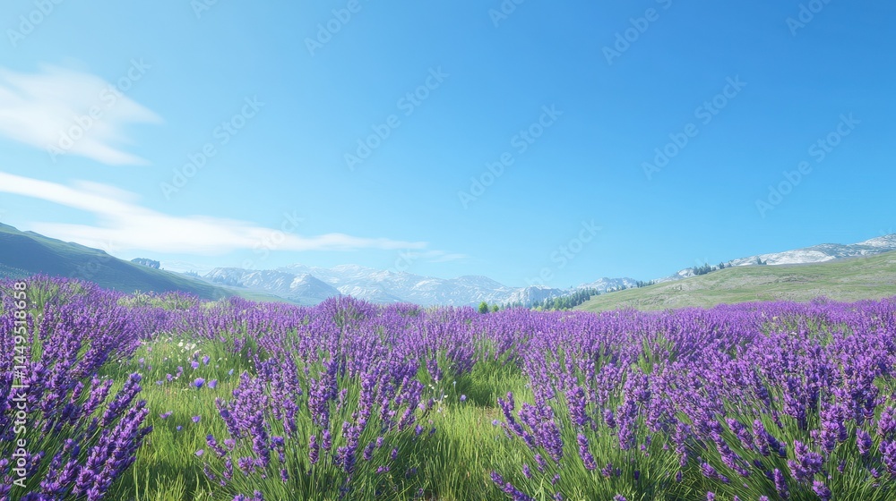 Obraz premium A vibrant field of lavender flowers under a clear blue sky, showcasing nature's beauty.
