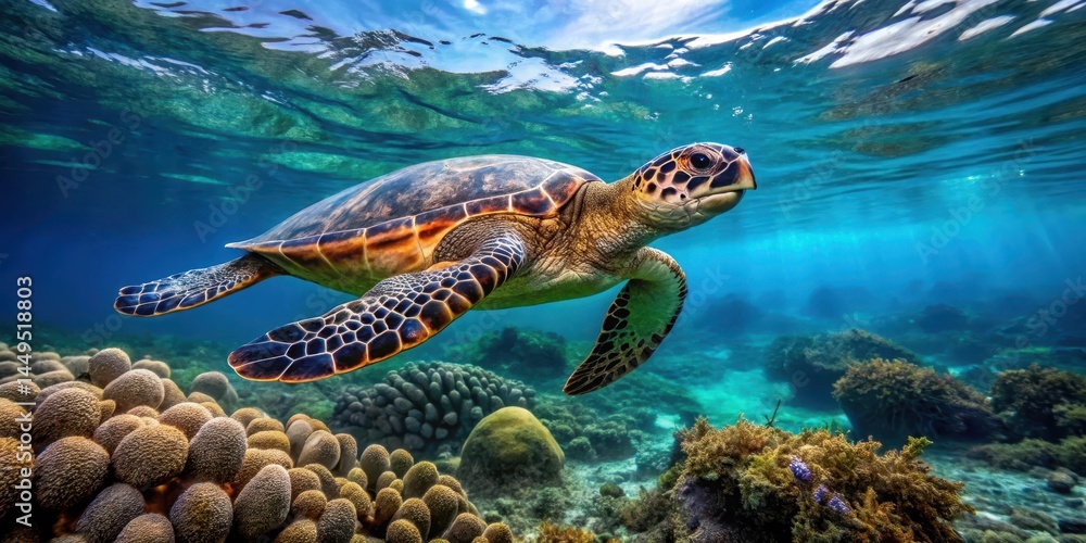 Fototapeta premium Hawksbill Sea Turtle swimming in crystal-clear waters with coral reef in the background