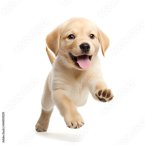 a playful baby Labrador Retriever puppy, running or jumping with a joyful expression. white background.
