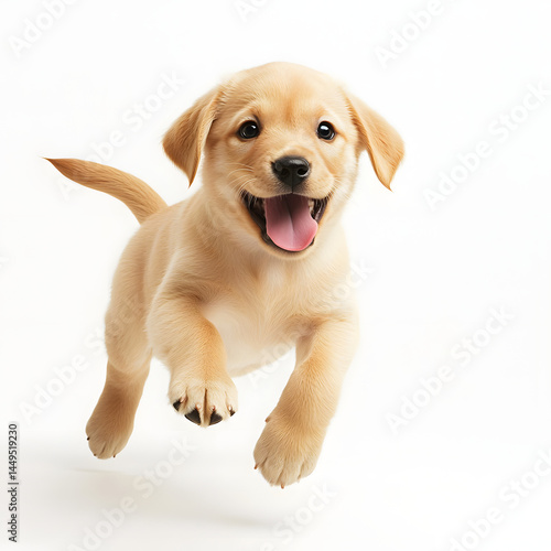 a playful baby Labrador Retriever puppy, running or jumping with a joyful expression. white background.