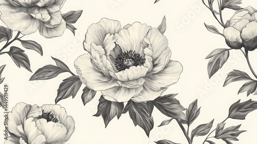 Wallpaper Mural Black and white drawing of a peony, ink on paper, white background Torontodigital.ca