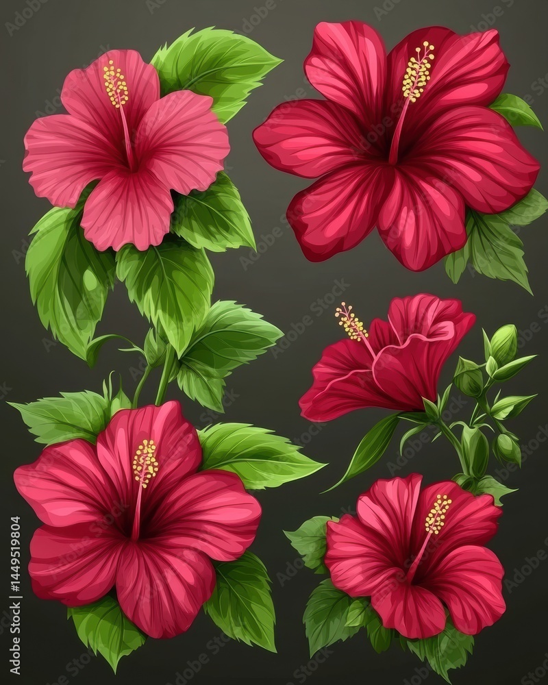 Obraz premium Vibrant hibiscus flowers on a dark background create a tropical and elegant botanical illustration