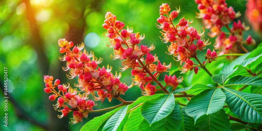 A flowering red horse chestnut tree with vibrant inflorescences, displaying bright orange and red flowers against a lush green background, vibrant flowers, forest scenery A flowering red horse chestnut tree with vibrant inflorescences, displaying bright orange and red flowers against a lush green background, vibrant flowers, forest scenery