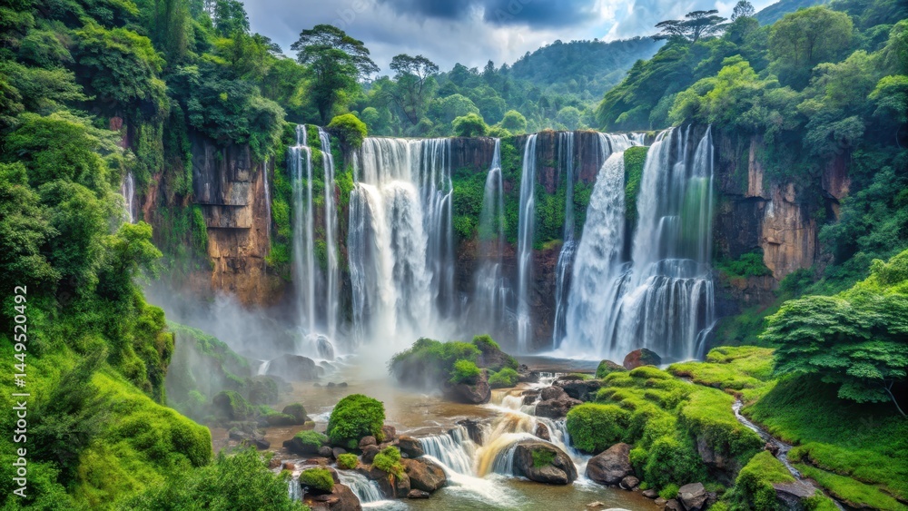 Panorama of Nuorilang Waterfall cascading down a rocky cliffside amidst lush greenery and misty surroundings , scenic views, breathtaking scenery Panorama of Nuorilang Waterfall cascading down a rocky cliffside amidst lush greenery and misty surroundings , scenic views, breathtaking scenery