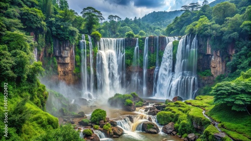 Panorama of Nuorilang Waterfall cascading down a rocky cliffside amidst lush greenery and misty surroundings , scenic views, breathtaking scenery