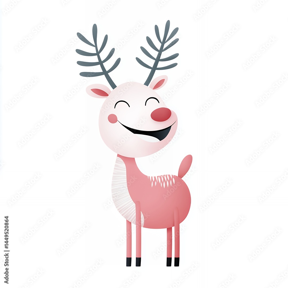Fototapeta premium Cute Pink Cartoon Reindeer with Antlers Smiling on White Background