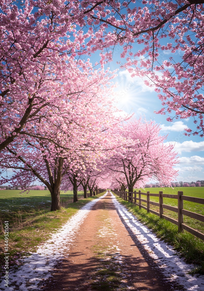 Pathway Through Blossoming Trees: A Springtime Journey of Vibrant Hues and Serene Natural Beauty, illuminated by sunlight, creating a tranquil atmosphere Pathway Through Blossoming Trees: A Springtime Journey of Vibrant Hues and Serene Natural Beauty, illuminated by sunlight, creating a tranquil atmosphere