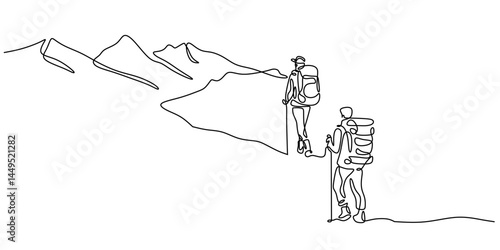 Minimal Continuous Line Two Hikers Backpacks Poles. Walking Mountains Vector Art.