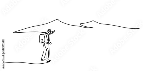 Continuous Line Man Hiking Alone Backpack. Outdoor Travel Minimalist Vector Art.